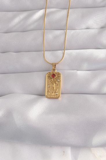 Erb 316L Çelik Gold Renk Kırmızı Zirkon Taşlı Gül Model Vintage Kolye