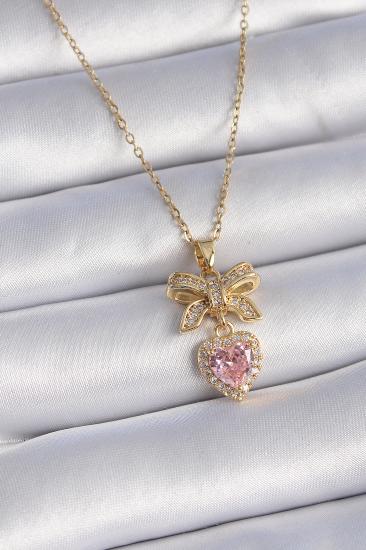 Erb 316L Çelik Gold Renk Zincir Pembe Kalpli Zirkon Taşlı Kurdele Model Kadın Kolye