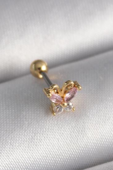 Erb 316L Çelik Gold Renk Pembe Zirkon Taşlı Kelebek Tragus Piercing