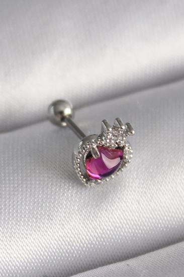 Erb 316L Çelik Gümüş Renk Pembe Mineli Kalp Zirkon Taş Detaylı Taç Tragus Piercing