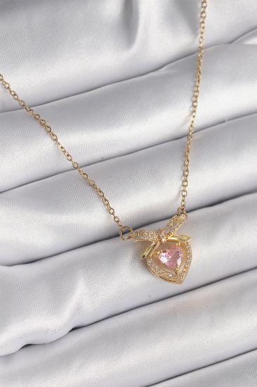 Erb 316L Çelik Gold Renk Zincir Pembe Zirkon Taşlı Kalp Figür Kadın Kolye