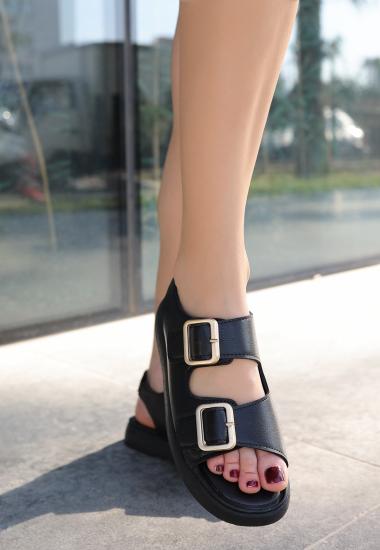 Waria Siyah Cilt Çift Tokalı Sandalet